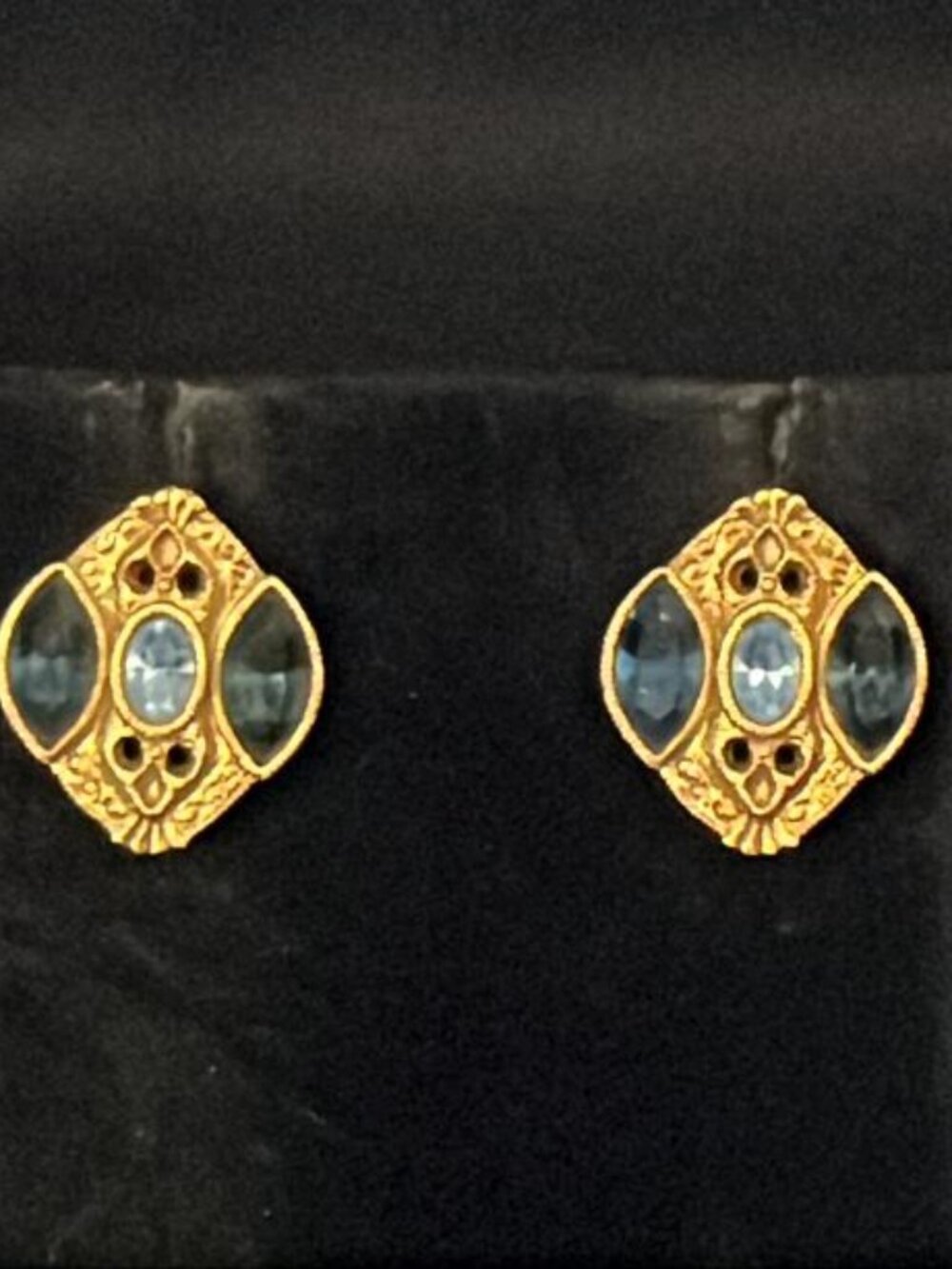 Orante Gold Tone with 2 Dark Marquise and Light Blue Oval Stone Earrings
